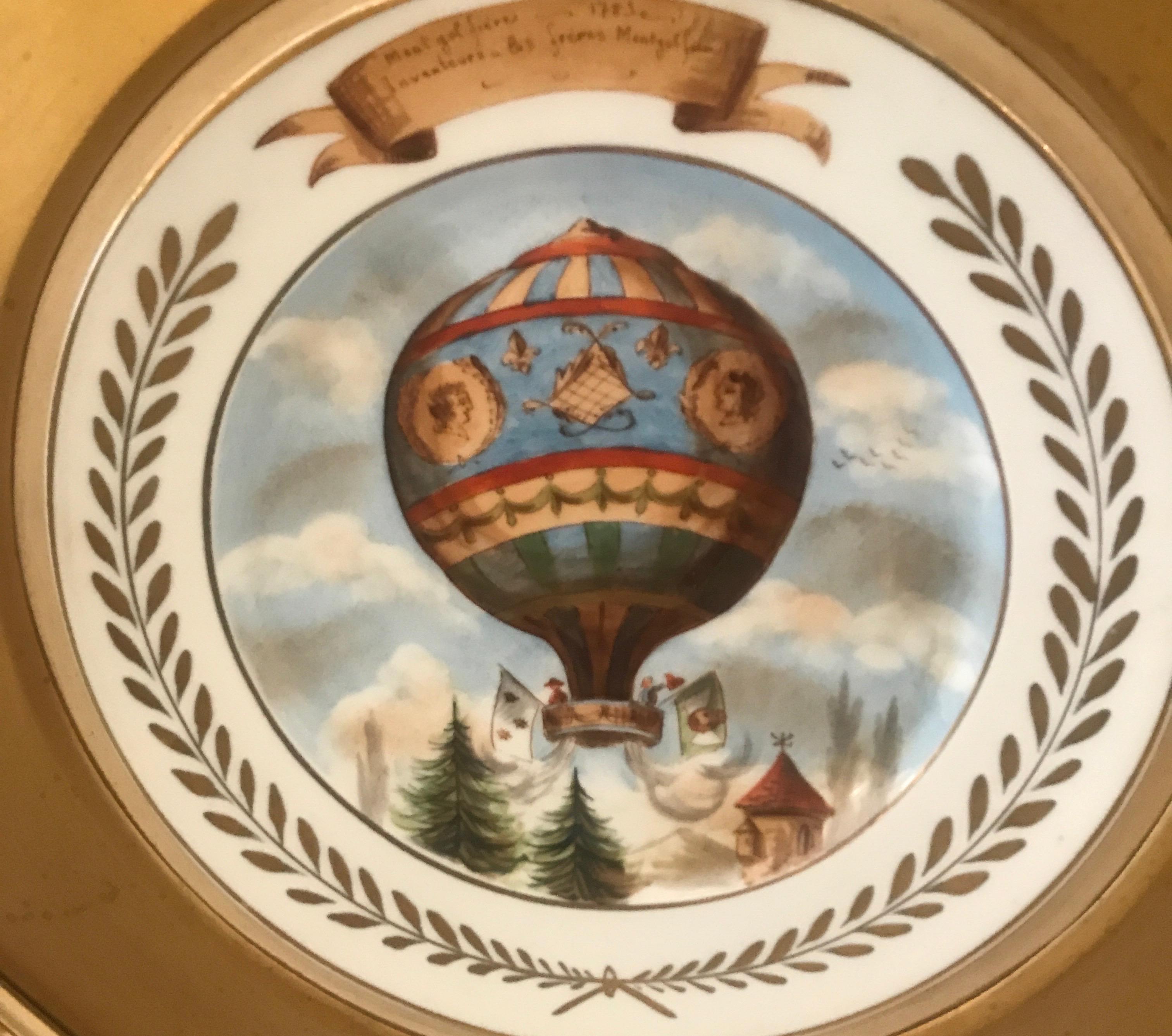 Hand-Painted Pair of French 19th Century Framed Porcelain Plates of Hot Air Balloons