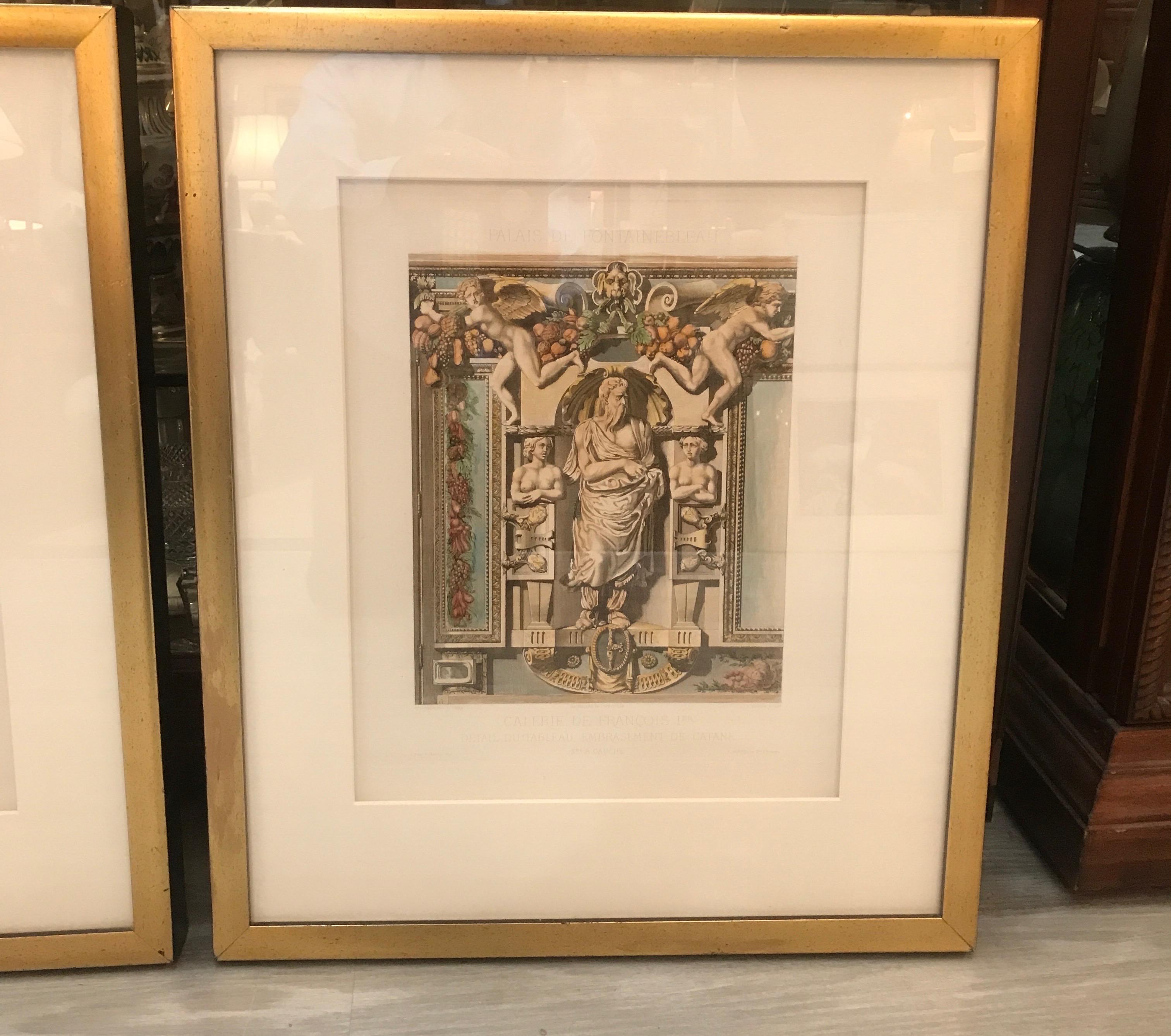 A pair of hand colored copper engraved prints of elaborate partial interior panels from the Palace of Fontainebleau. These soft colored panels from the mid-19th century with later simple giltwood frames. The prints retaining their original color