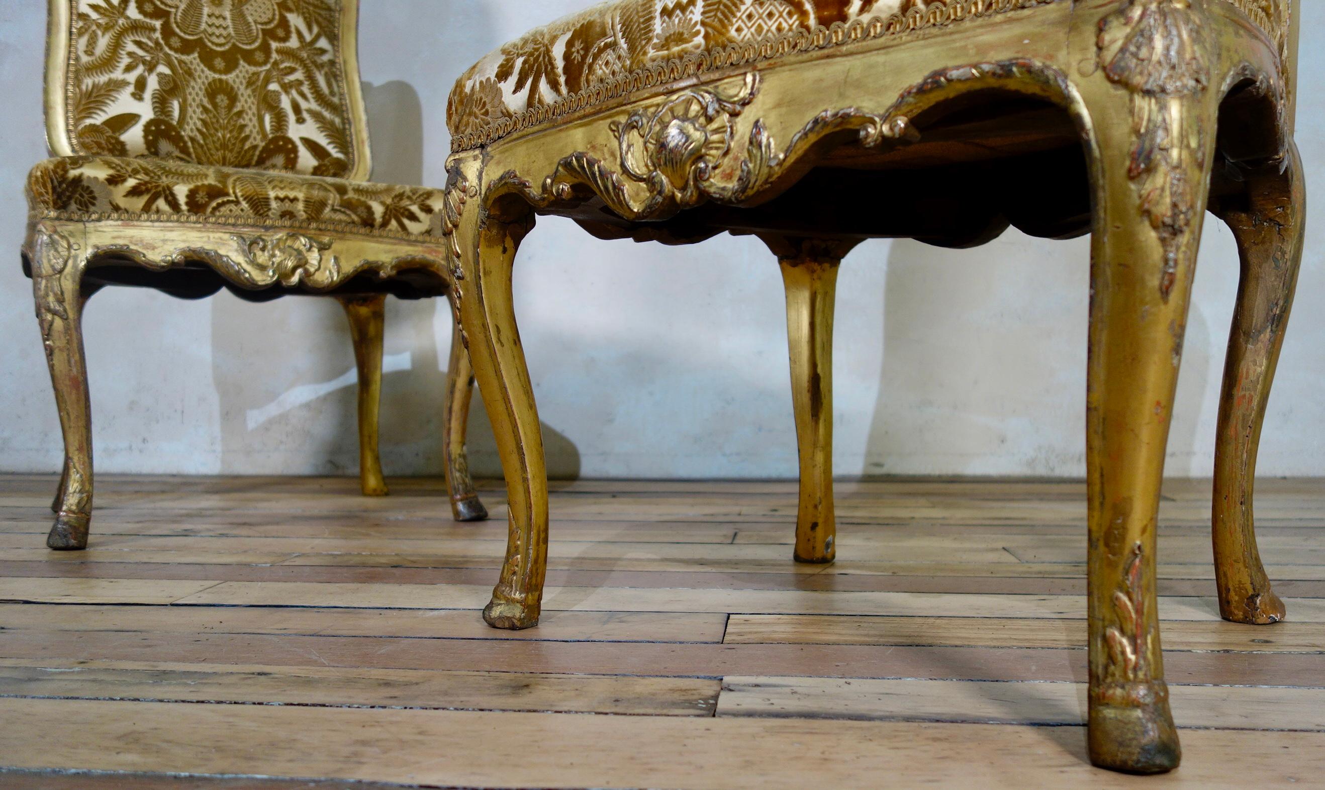 Silk Pair of 18th Century French Louis XV Giltwood Side Chairs Upholstered - Gold  For Sale