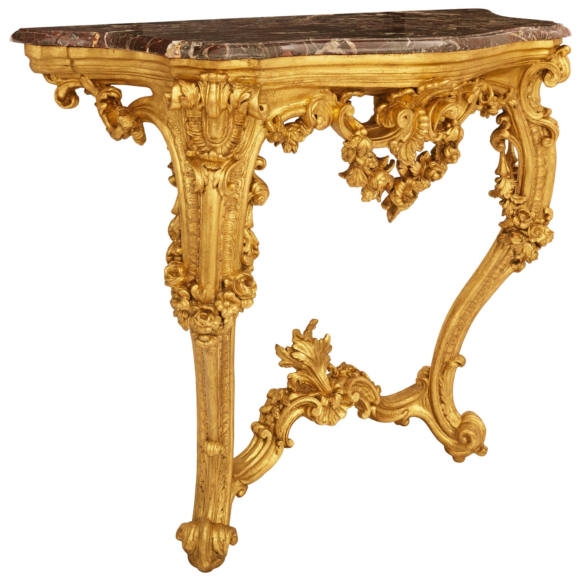 Pareja de consolas francesas del siglo XIX, estilo Luis XV, de madera dorada y mármol Francés en venta
