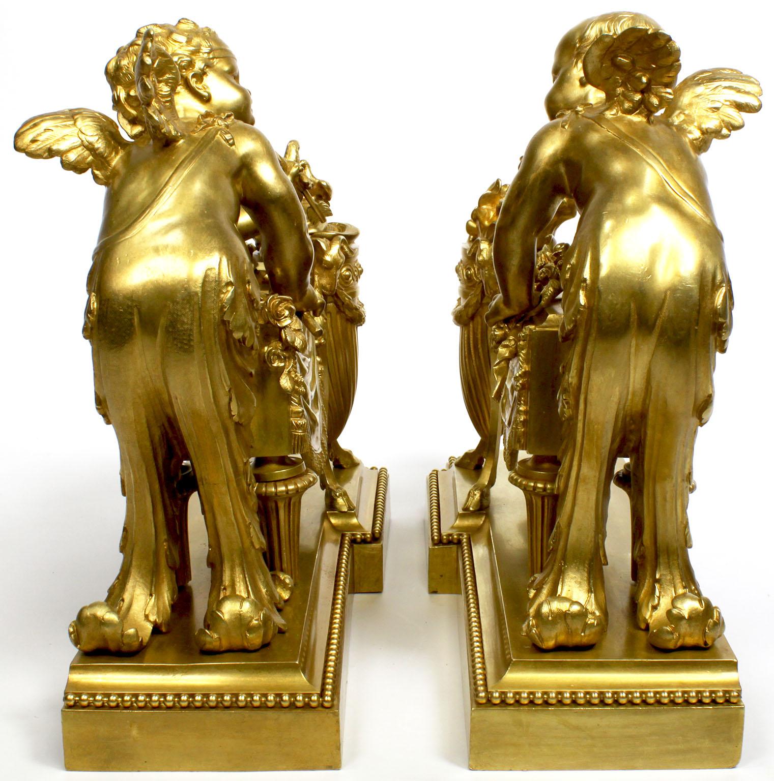 Pair of French 19th Century Louis XV Style Cherub Gilt-Bronze Chenets Andirons For Sale 13