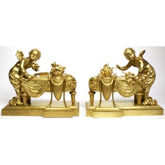 Pair of French 19th Century Louis XV Style Cherub Gilt-Bronze Chenets Andirons