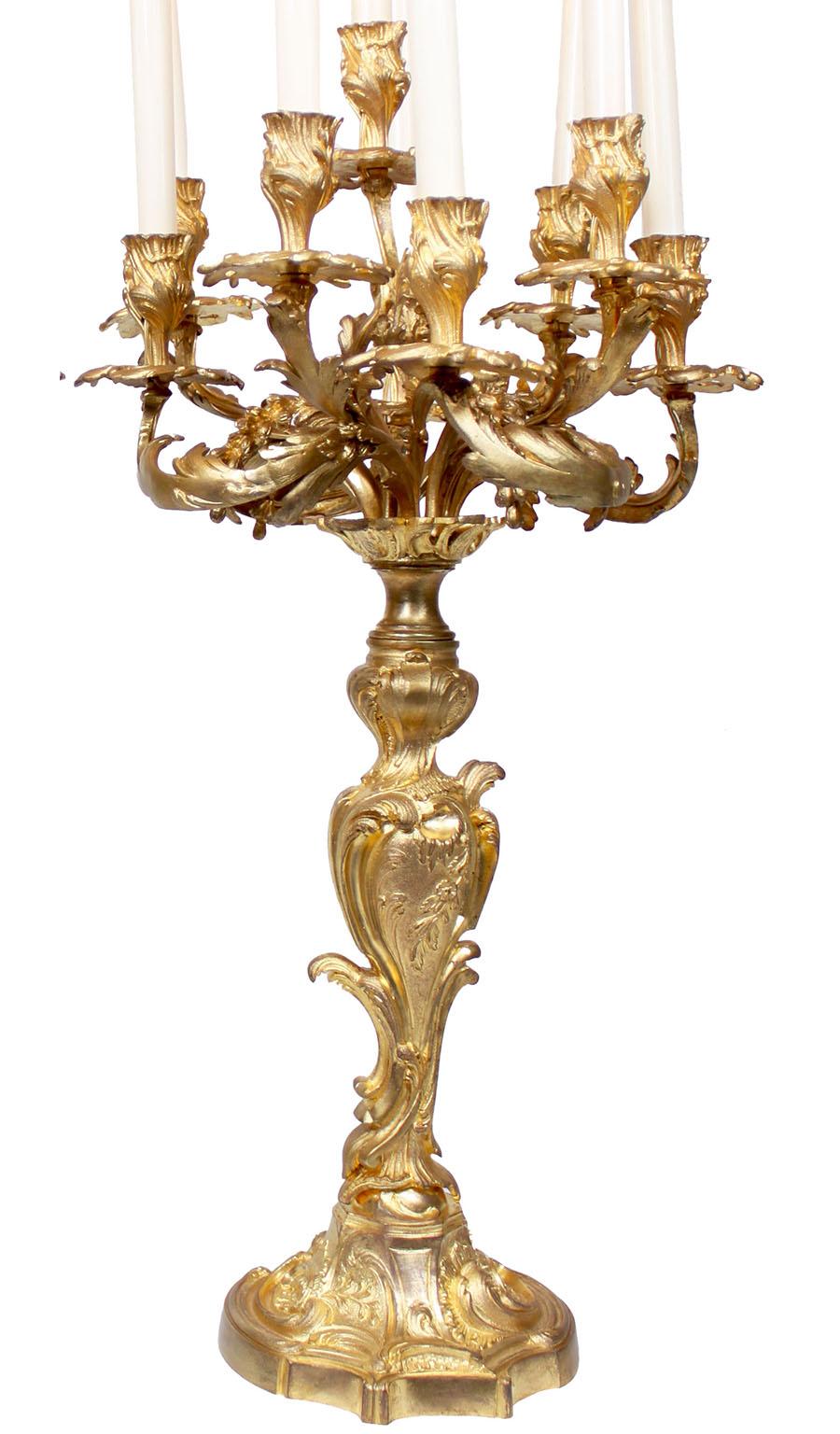 A Pair of French 19th Century Louis XV Style Gilt-Bronze Nine-Light Candelabra In Good Condition For Sale In Los Angeles, CA