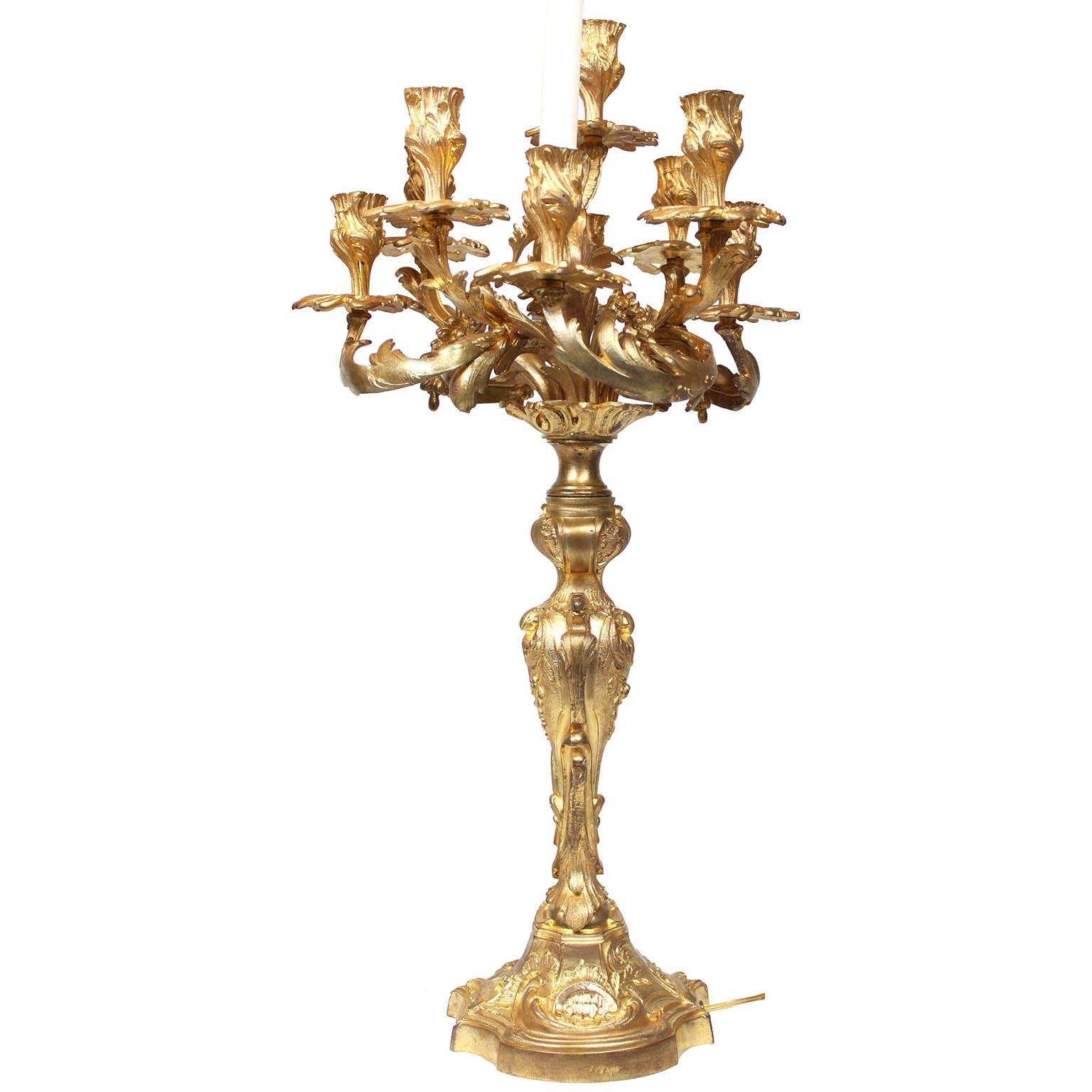 A Pair of French 19th Century Louis XV Style Gilt-Bronze Nine-Light Candelabra For Sale 1