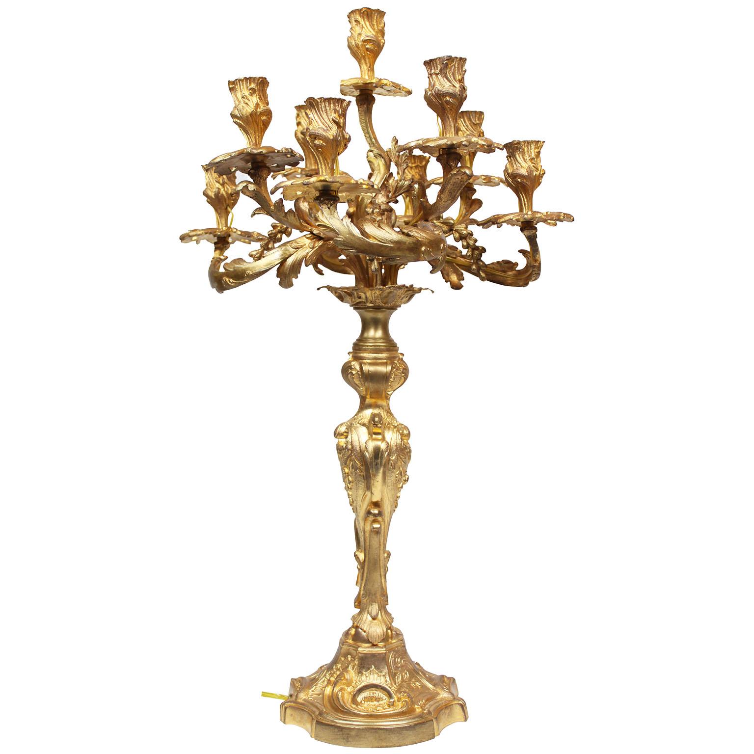 A Pair of French 19th Century Louis XV Style Gilt-Bronze Nine-Light Candelabra For Sale 2