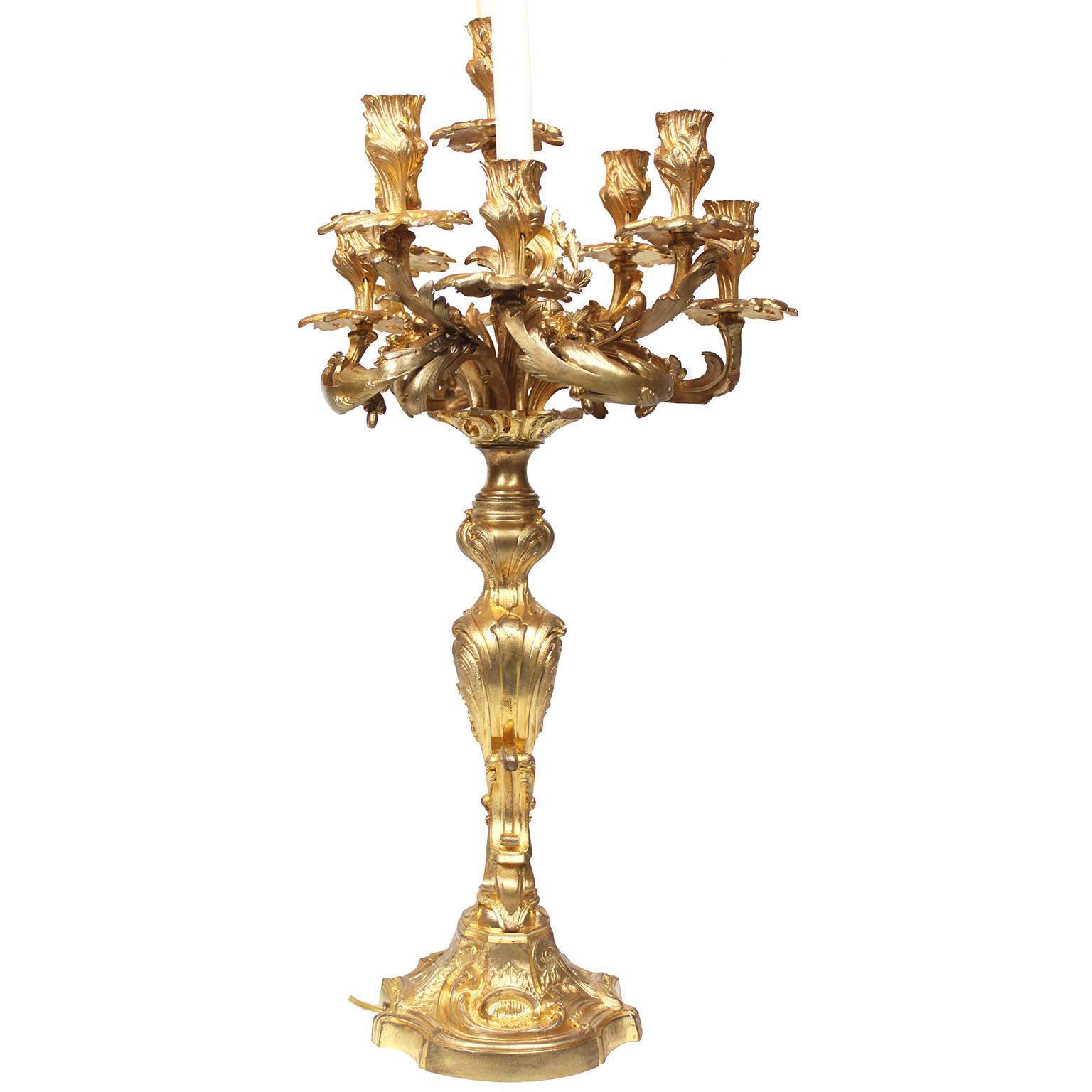 A Pair of French 19th Century Louis XV Style Gilt-Bronze Nine-Light Candelabra For Sale 3
