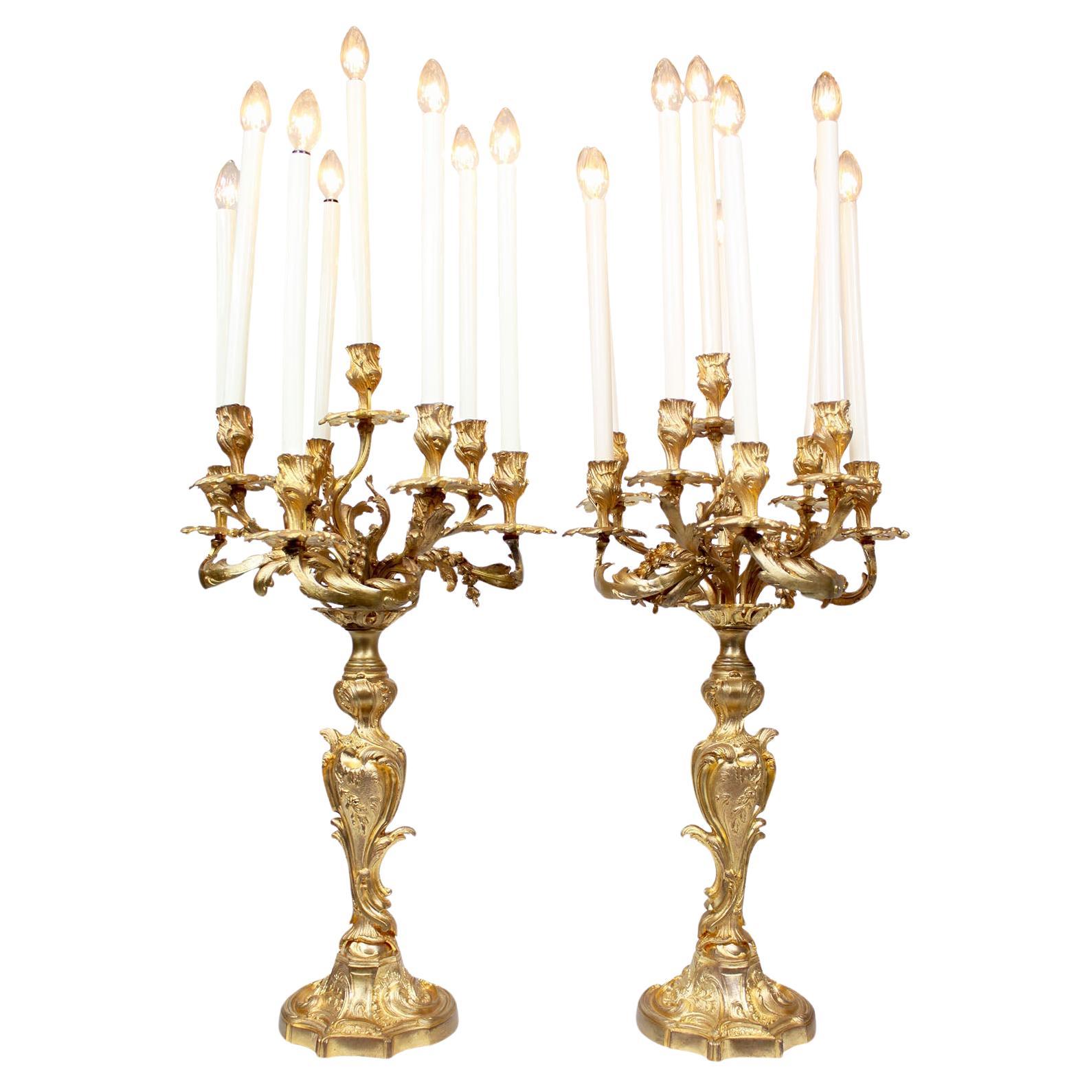 A Pair of French 19th Century Louis XV Style Gilt-Bronze Nine-Light Candelabra For Sale