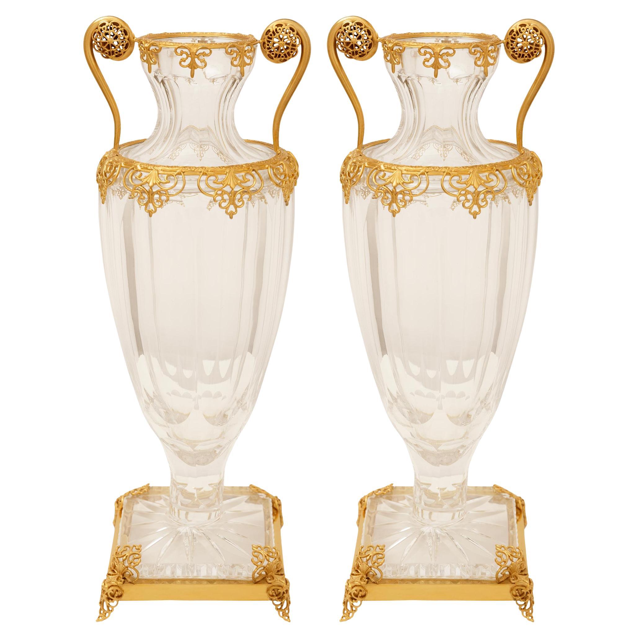 A pair of French 19th century Louis XVI st. Baccarat Crystal and Ormolu vases For Sale