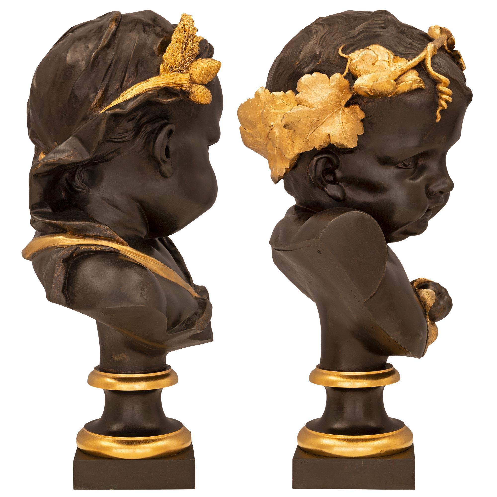 Patiné Paire de bustes de chérubins de style Louis XVI du 19ème siècle français en bronze et bronze doré en vente