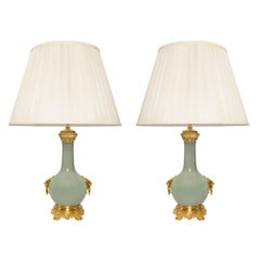 Pair of French 19th Century Louis XVI Style Celadon Porcelain Lamps