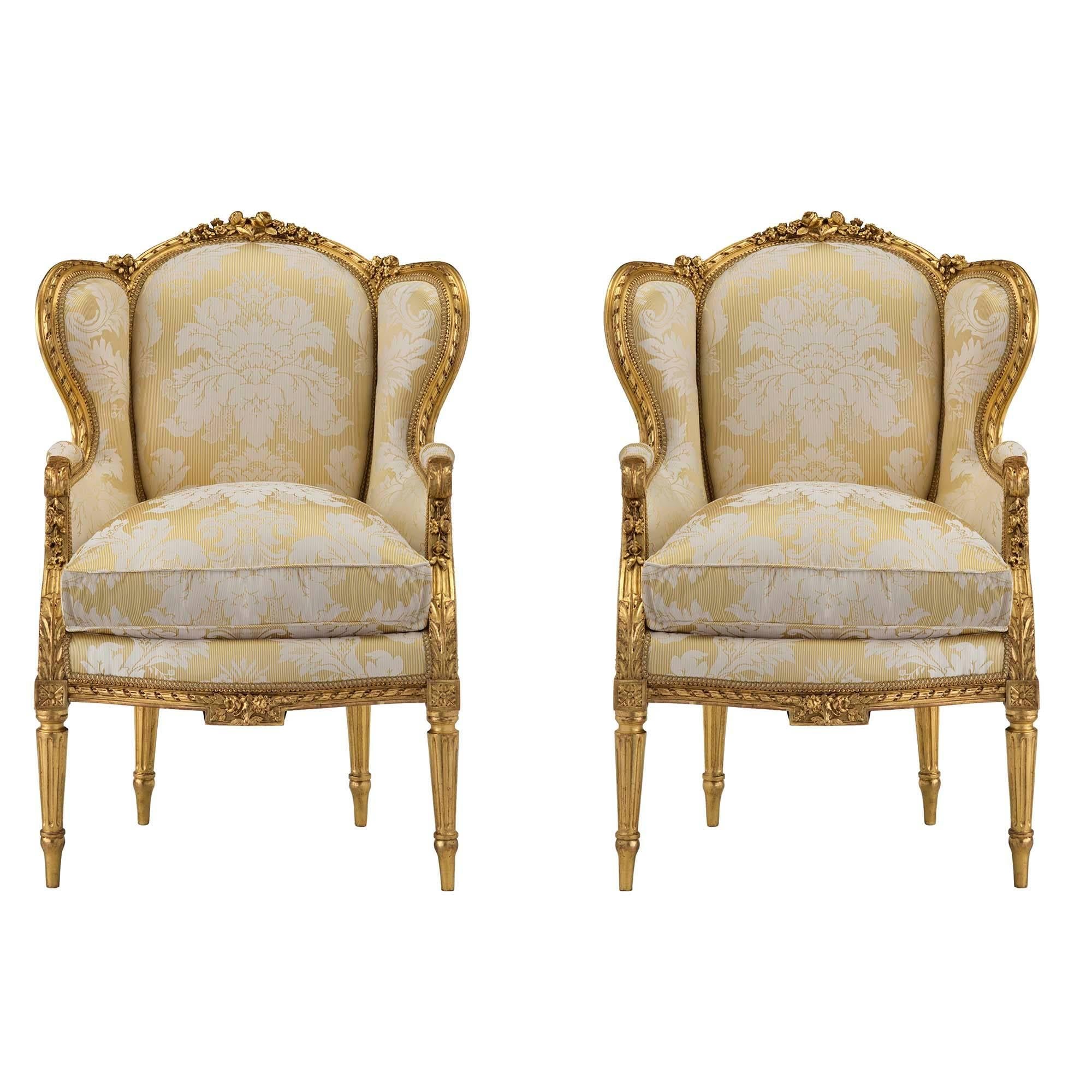 Pair of French 19th Century Louis XVI Style Giltwood Bergères