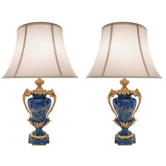 Pair of French 19th Century Louis XVI St. Lapis Lazuli and Ormolu Lamps