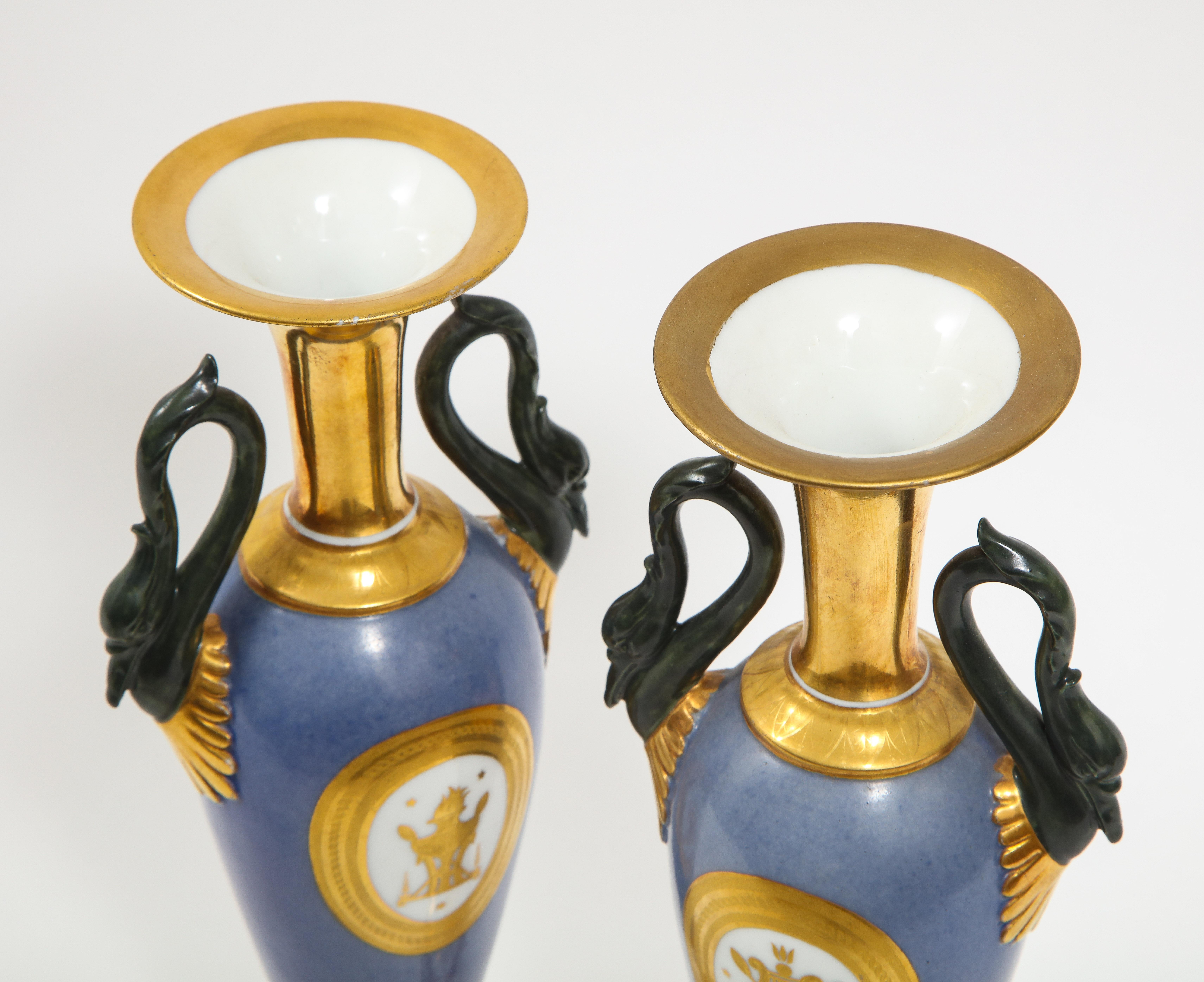 Pair of French 19th Century Old Paris Porcelain Swan Handle Vases, Marked For Sale 4