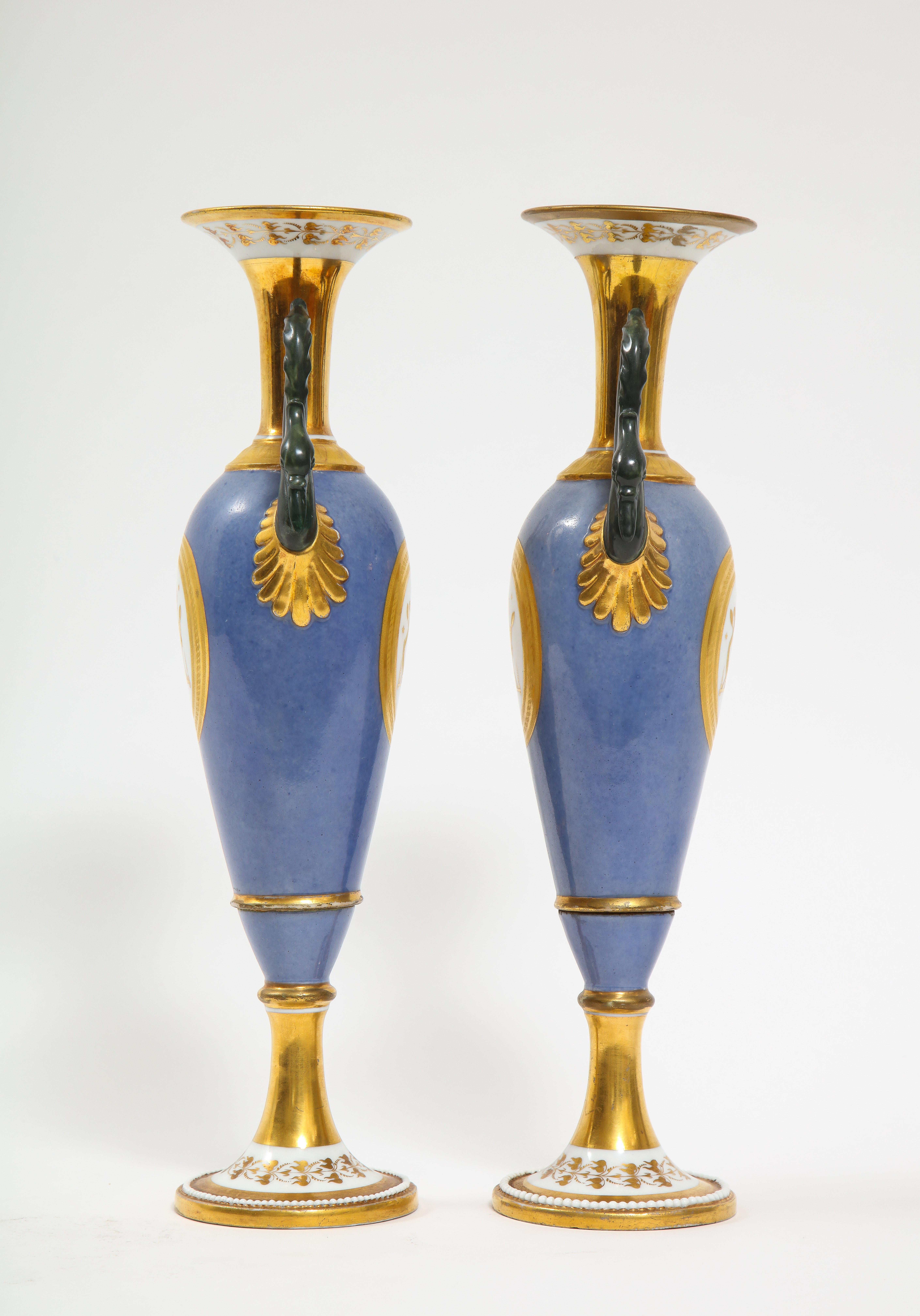 Empire Pair of French 19th Century Old Paris Porcelain Swan Handle Vases, Marked For Sale