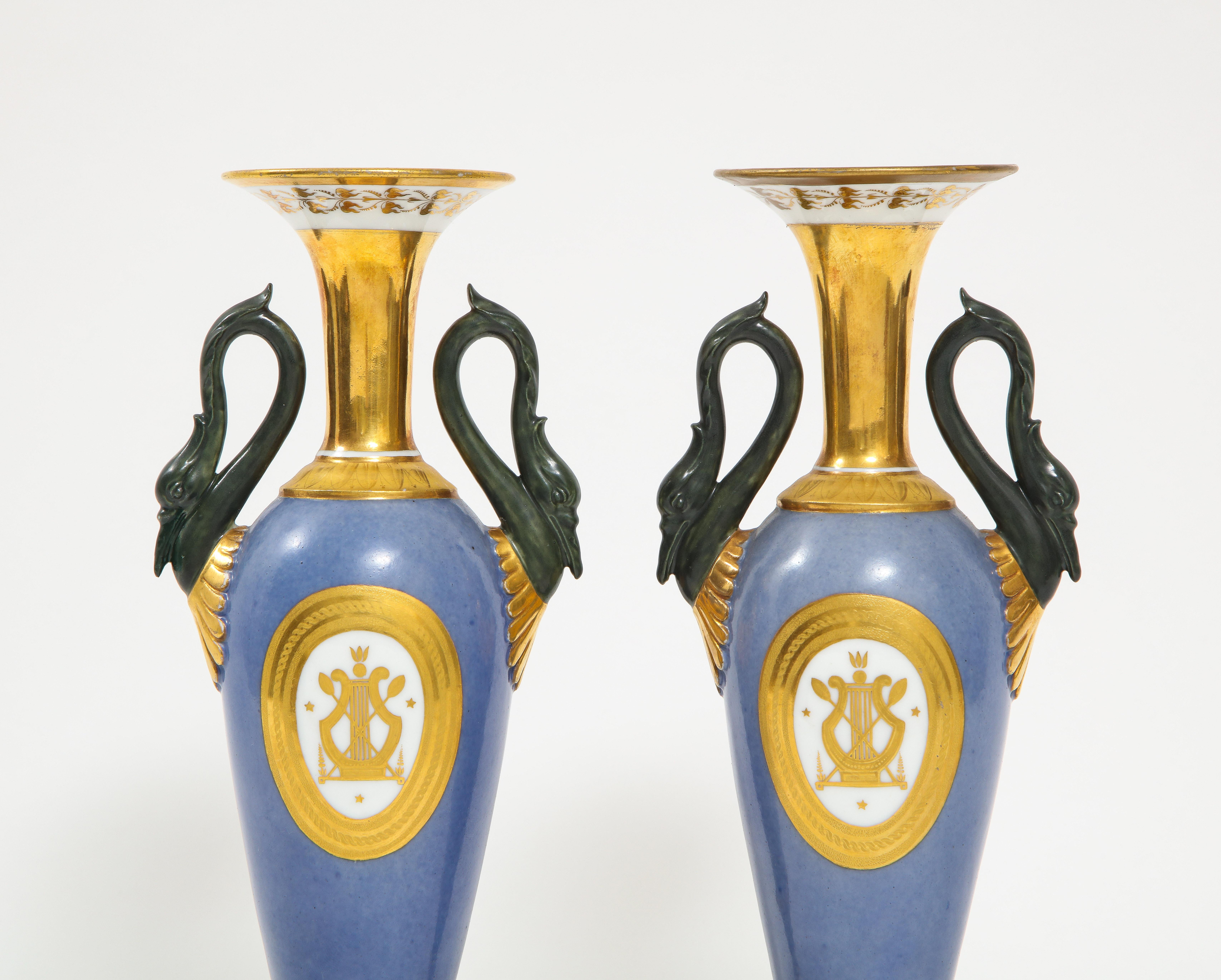 Hand-Painted Pair of French 19th Century Old Paris Porcelain Swan Handle Vases, Marked For Sale