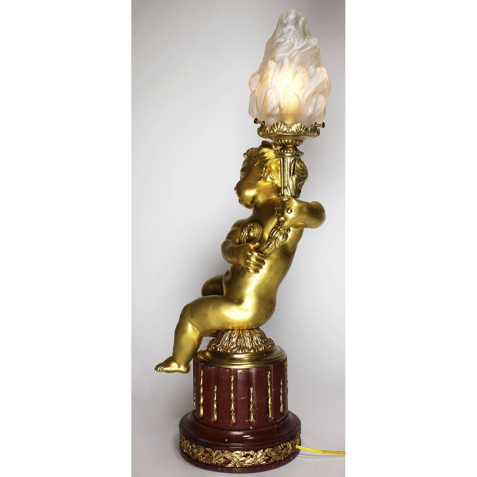 Pair of French 19th-20th Century Louis XV Style Gilt-Bronze Putti Table Lamps For Sale 5