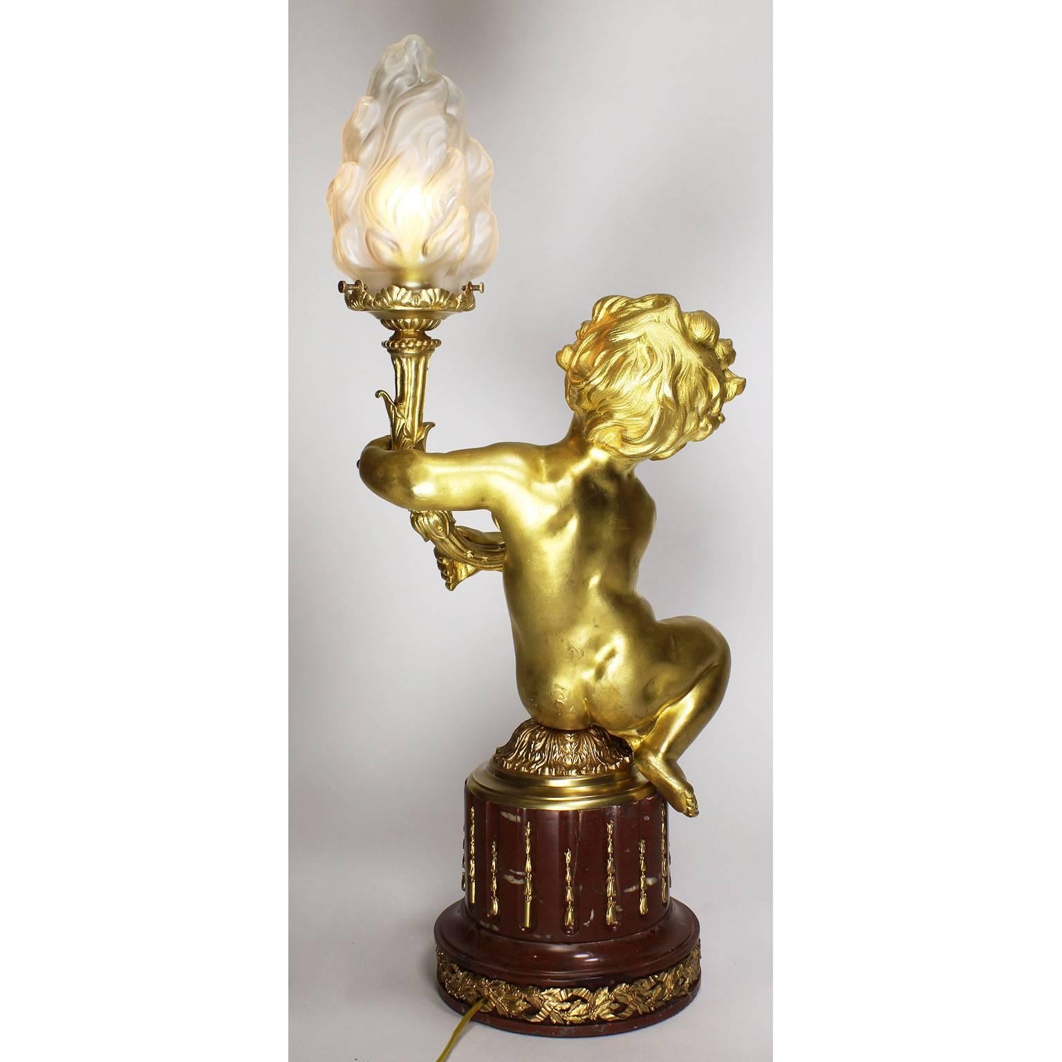 Pair of French 19th-20th Century Louis XV Style Gilt-Bronze Putti Table Lamps For Sale 6