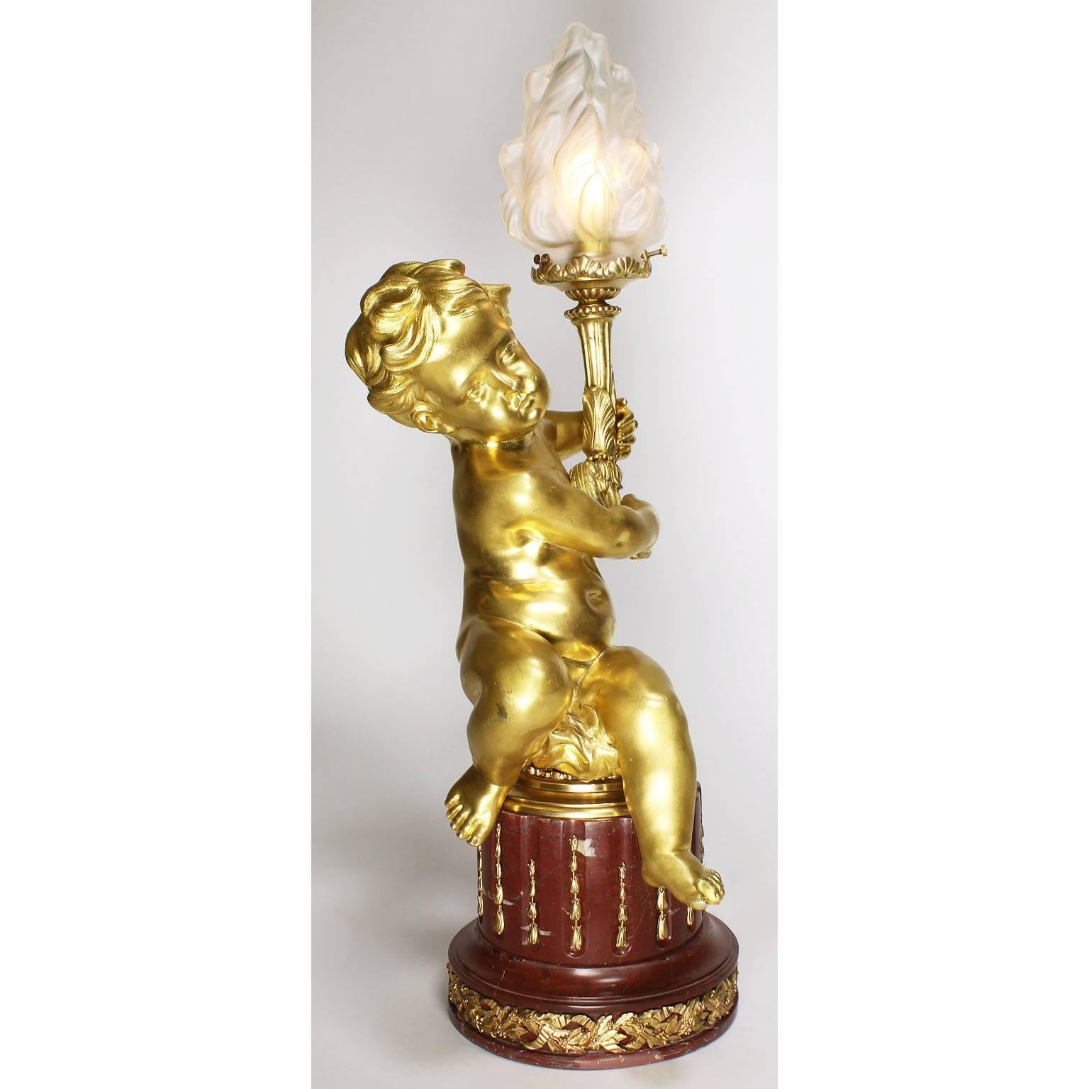 Pair of French 19th-20th Century Louis XV Style Gilt-Bronze Putti Table Lamps For Sale 7