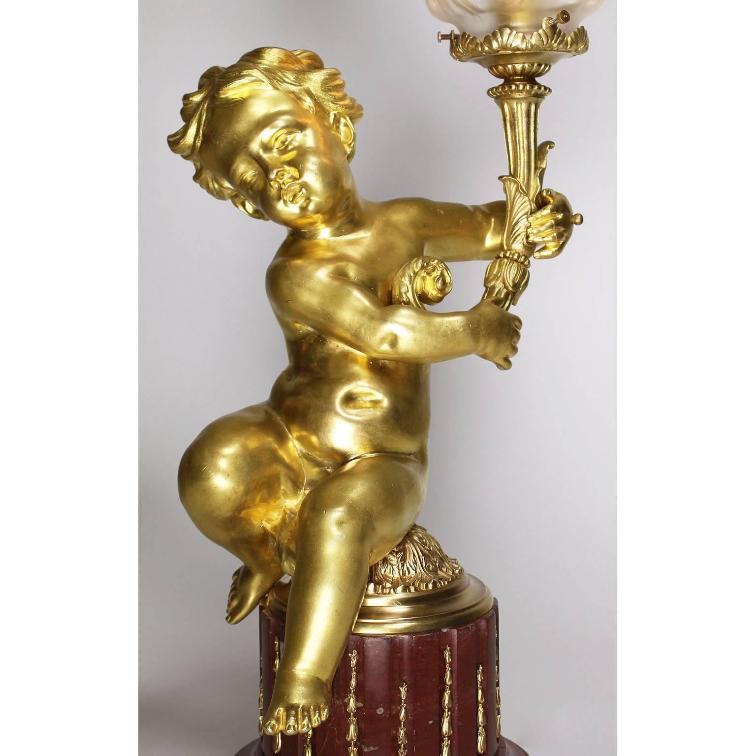 Pair of French 19th-20th Century Louis XV Style Gilt-Bronze Putti Table Lamps For Sale 9