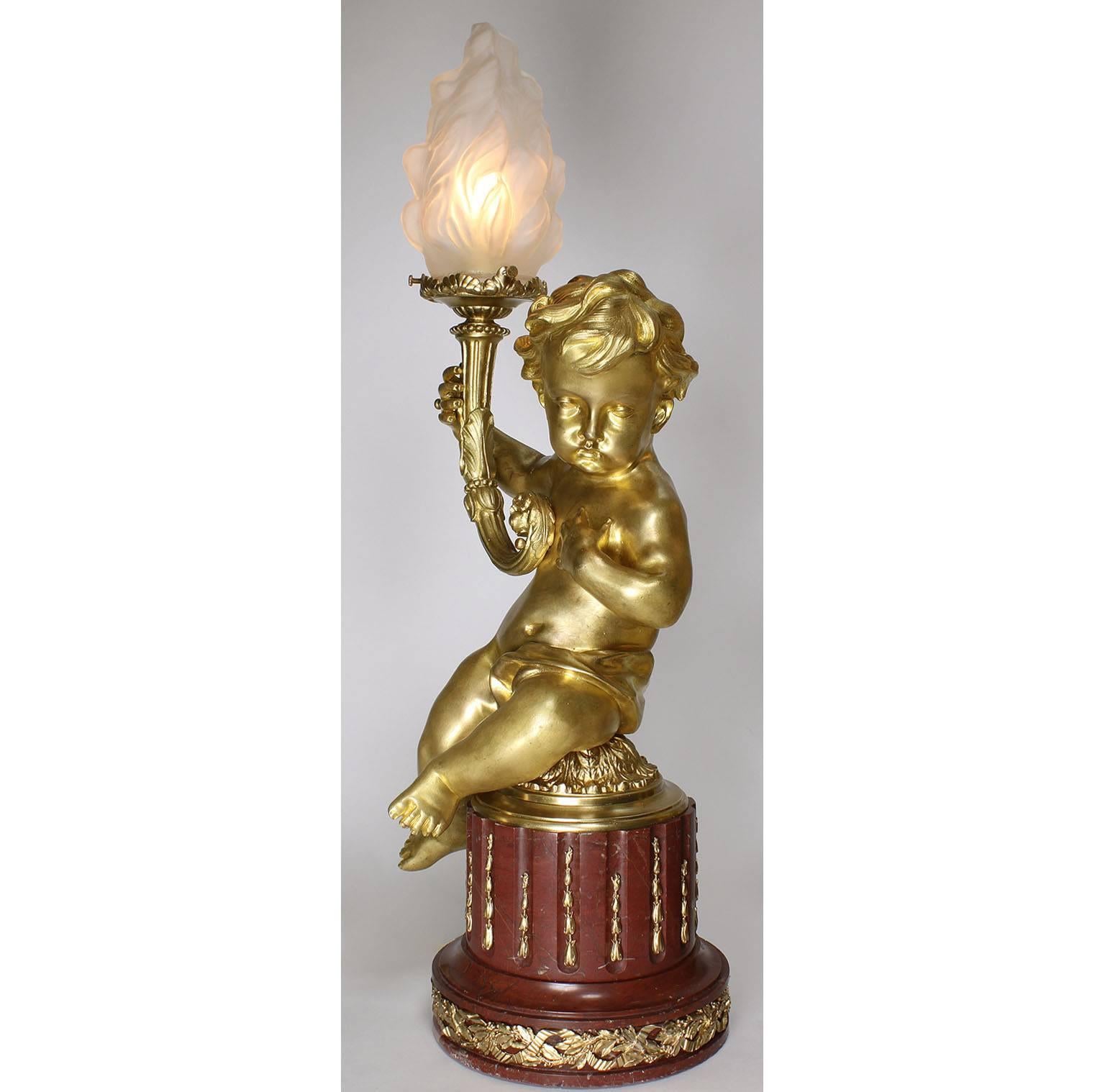 Pair of French 19th-20th Century Louis XV Style Gilt-Bronze Putti Table Lamps In Good Condition For Sale In Los Angeles, CA