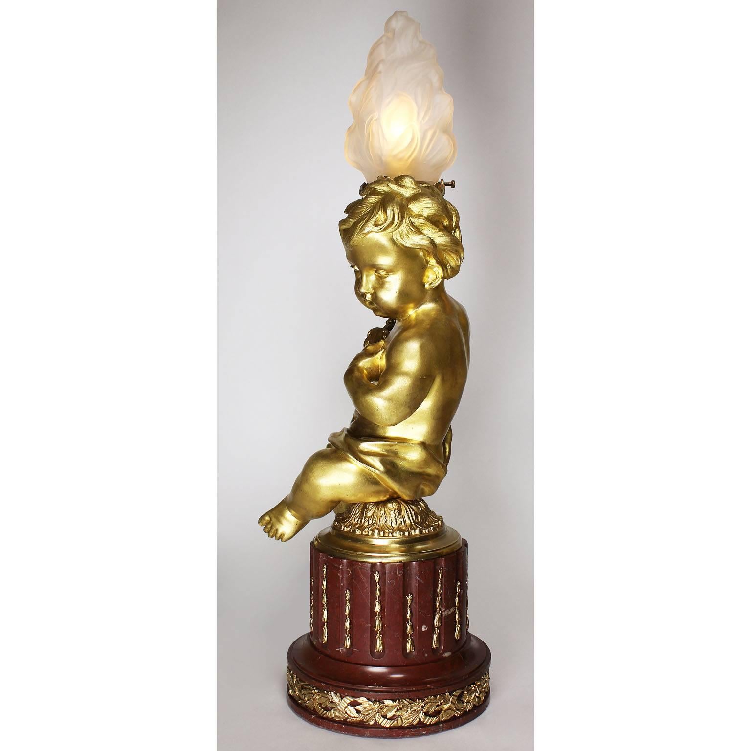 Early 20th Century Pair of French 19th-20th Century Louis XV Style Gilt-Bronze Putti Table Lamps For Sale