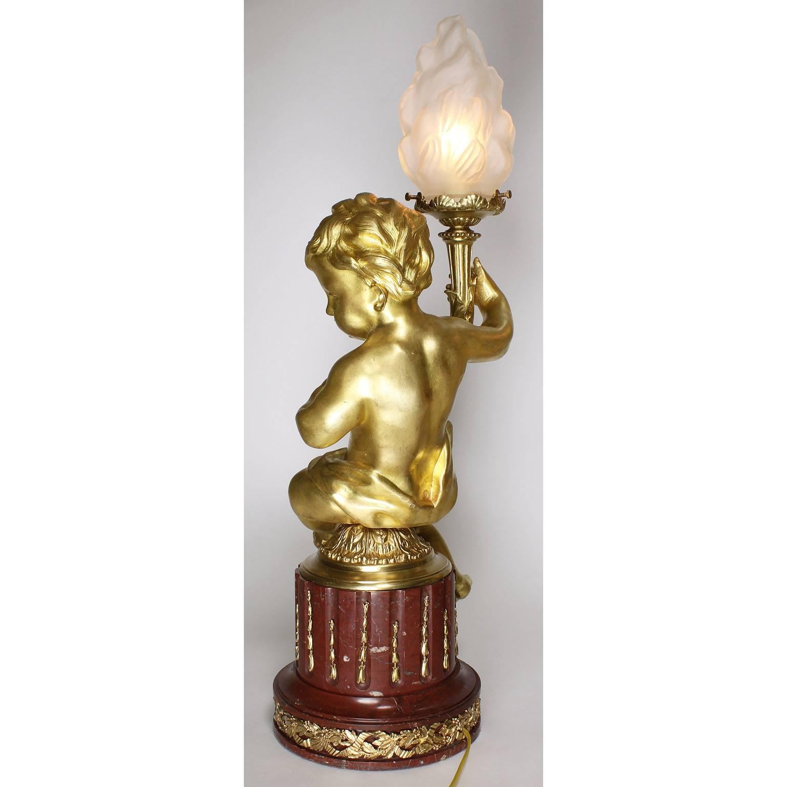 Marble Pair of French 19th-20th Century Louis XV Style Gilt-Bronze Putti Table Lamps For Sale
