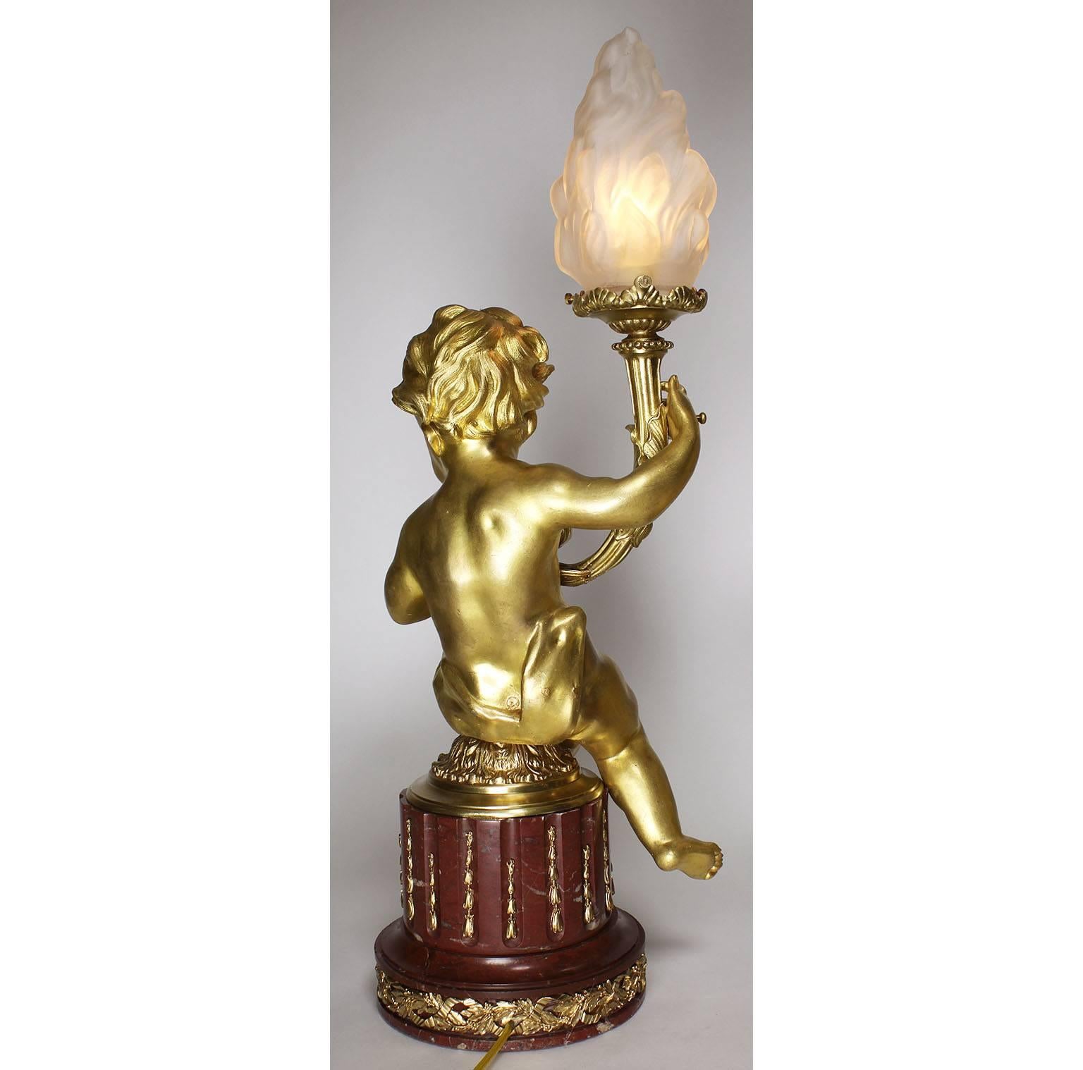 Pair of French 19th-20th Century Louis XV Style Gilt-Bronze Putti Table Lamps For Sale 1