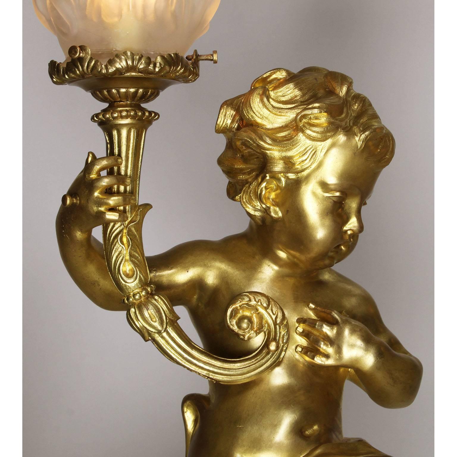 Pair of French 19th-20th Century Louis XV Style Gilt-Bronze Putti Table Lamps For Sale 3
