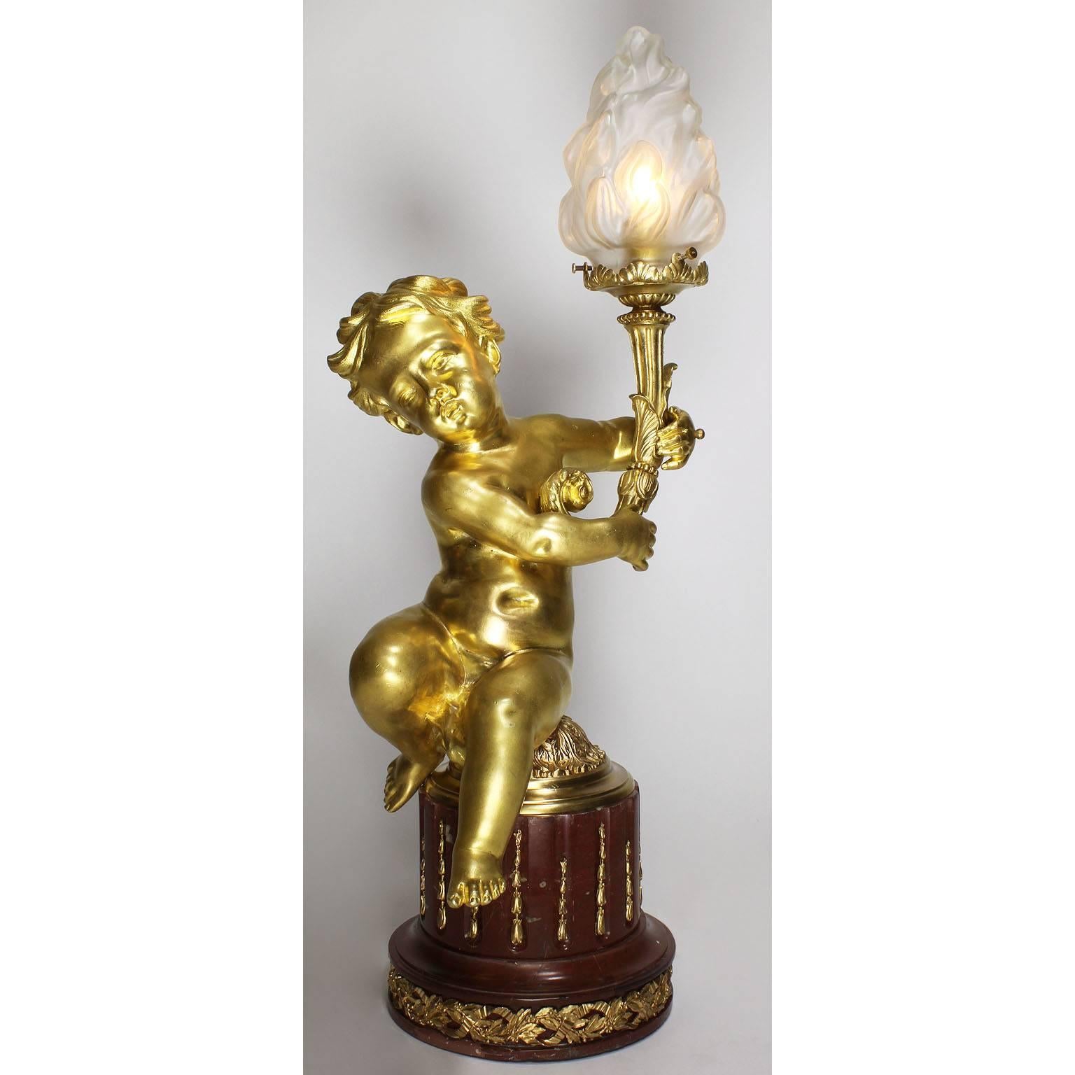 Pair of French 19th-20th Century Louis XV Style Gilt-Bronze Putti Table Lamps For Sale 4