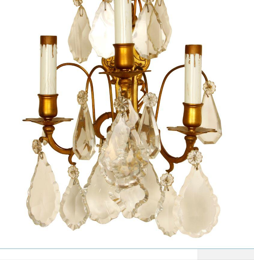 Pair of French 3-Light Bronze and Crystal Sconces In Good Condition In Locust Valley, NY
