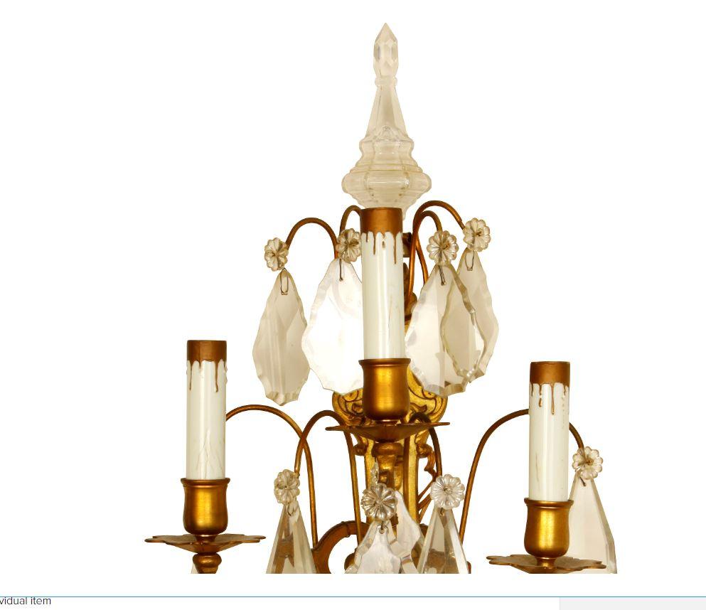 20th Century Pair of French 3-Light Bronze and Crystal Sconces