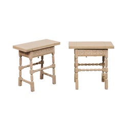 A Pair of French Antique End Tables w/Geometrical Carved Aprons & Expandable Top