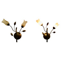 A Pair of French Art Deco Amber Glass and Toleware Gilded Wall Lights