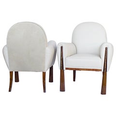 Pair of French Art Deco Armchairs, Solid Walnut and Cream Leather, circa 1925