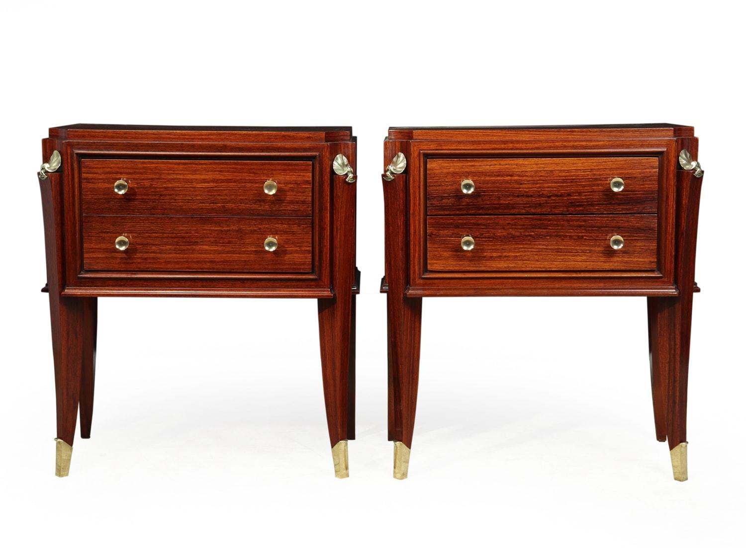 French Art Deco bedside chests
A pair of French two-drawer Art Deco bedside chests, very good quality dovetail joint construction in rosewood with polished brass fittings the chests have been professionally restored and French polished
Age: