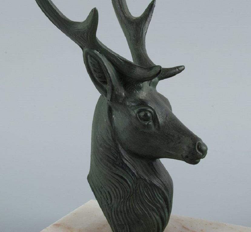 Pair of French Art Deco Bookends. Stags in Patinated Metal on a Marble Base For Sale 1