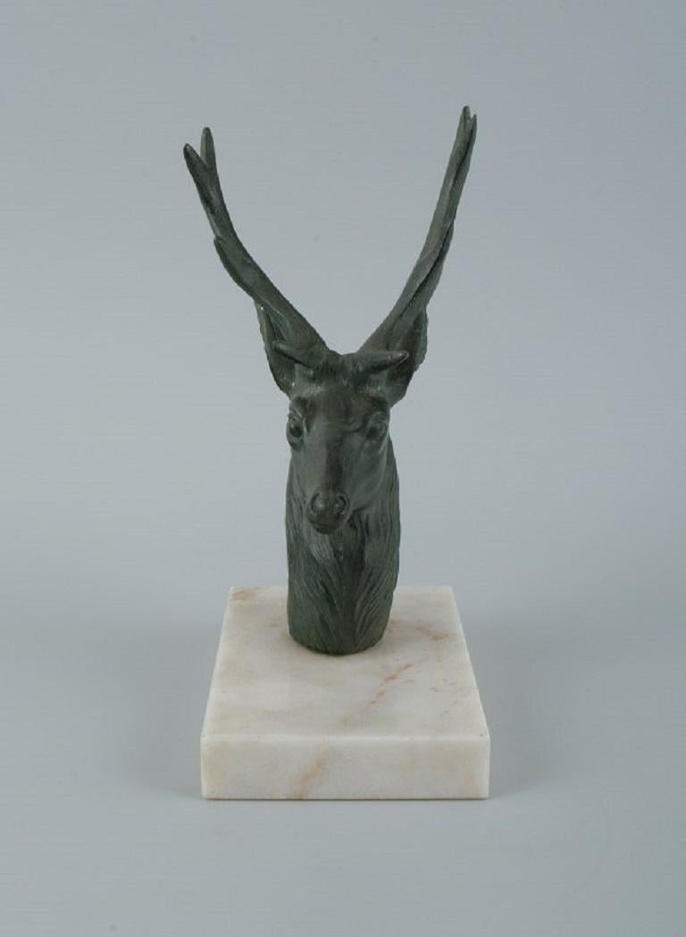 Pair of French Art Deco Bookends. Stags in Patinated Metal on a Marble Base For Sale 2