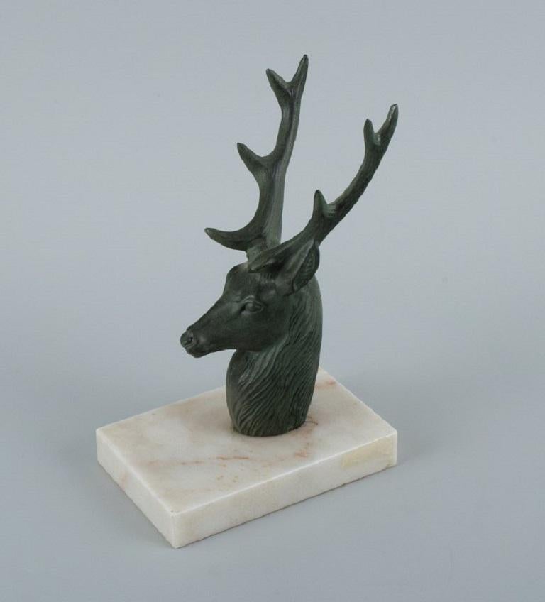 Pair of French Art Deco Bookends. Stags in Patinated Metal on a Marble Base For Sale 3