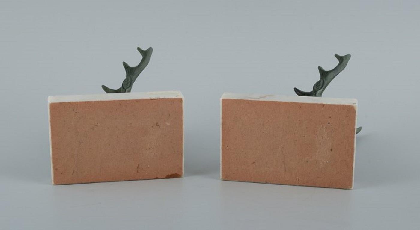 Pair of French Art Deco Bookends. Stags in Patinated Metal on a Marble Base For Sale 4