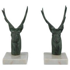 Pair of French Art Deco Bookends. Stags in Patinated Metal on a Marble Base