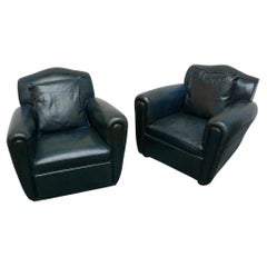 A Pair of French Art Deco Club Chairs Circa 1940 Aged Blue Leather Upholstery