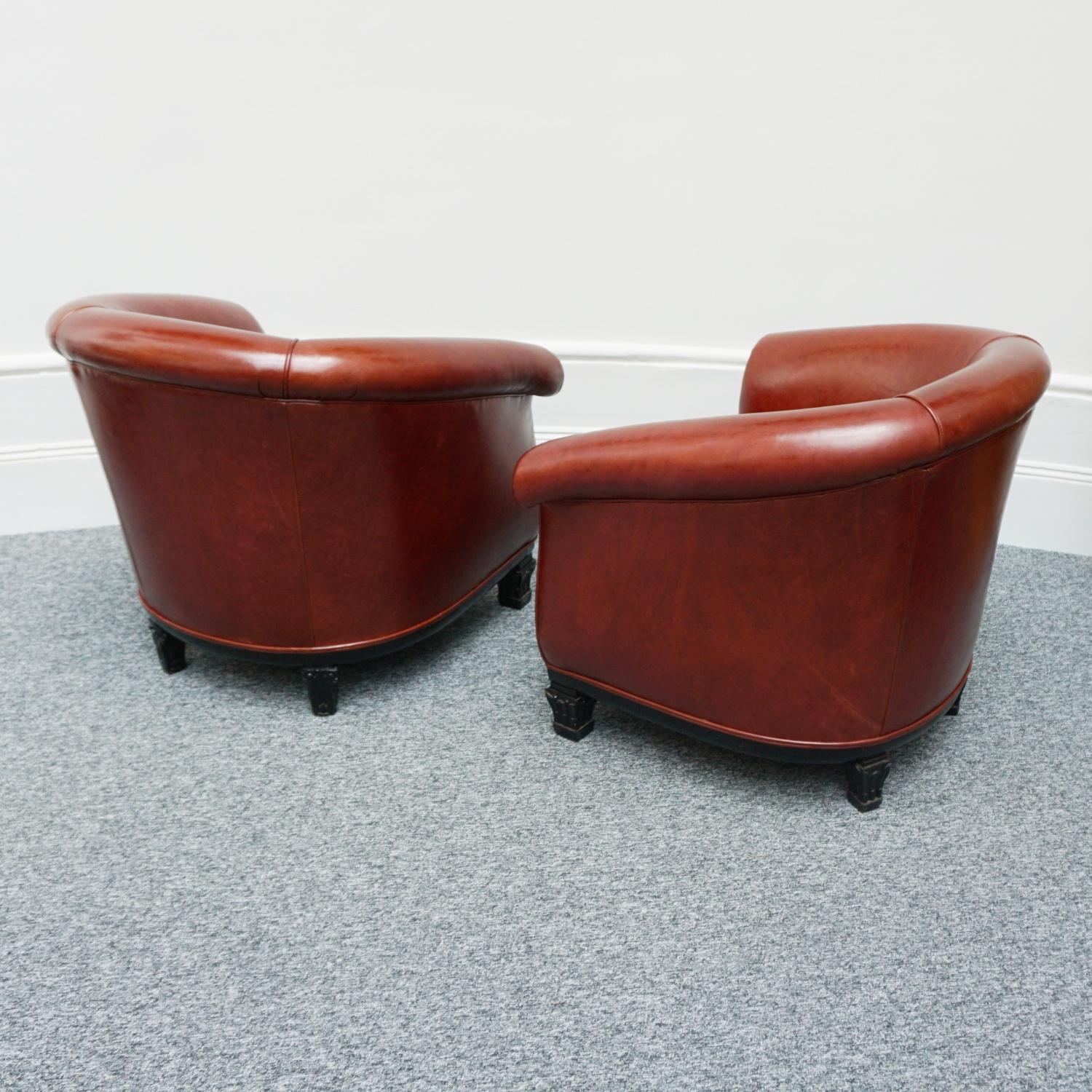 Pair of French Art Deco Club Chairs Re-Upholstered in Chestnut Leather 7