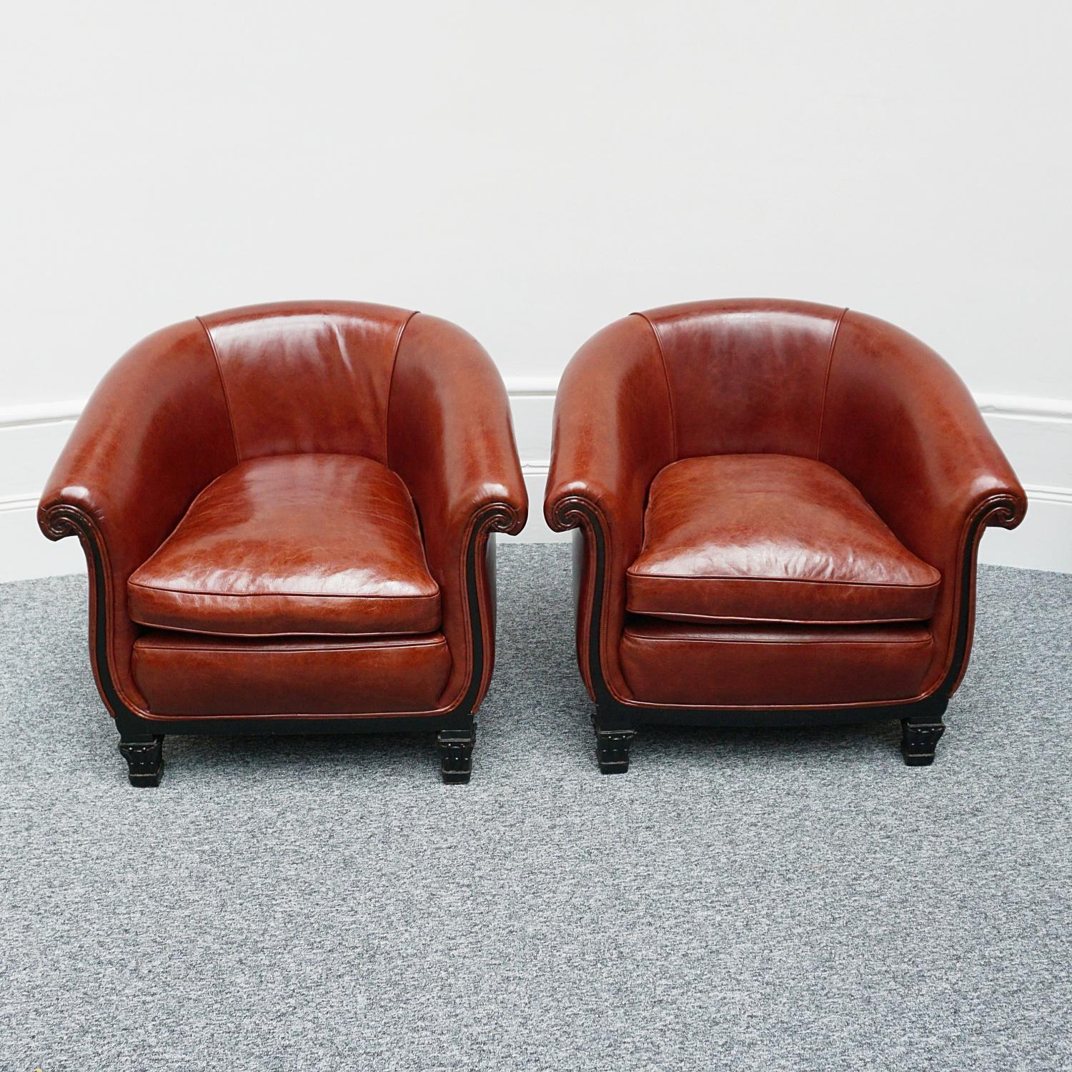 Pair of French Art Deco Club Chairs Re-Upholstered in Chestnut Leather 8