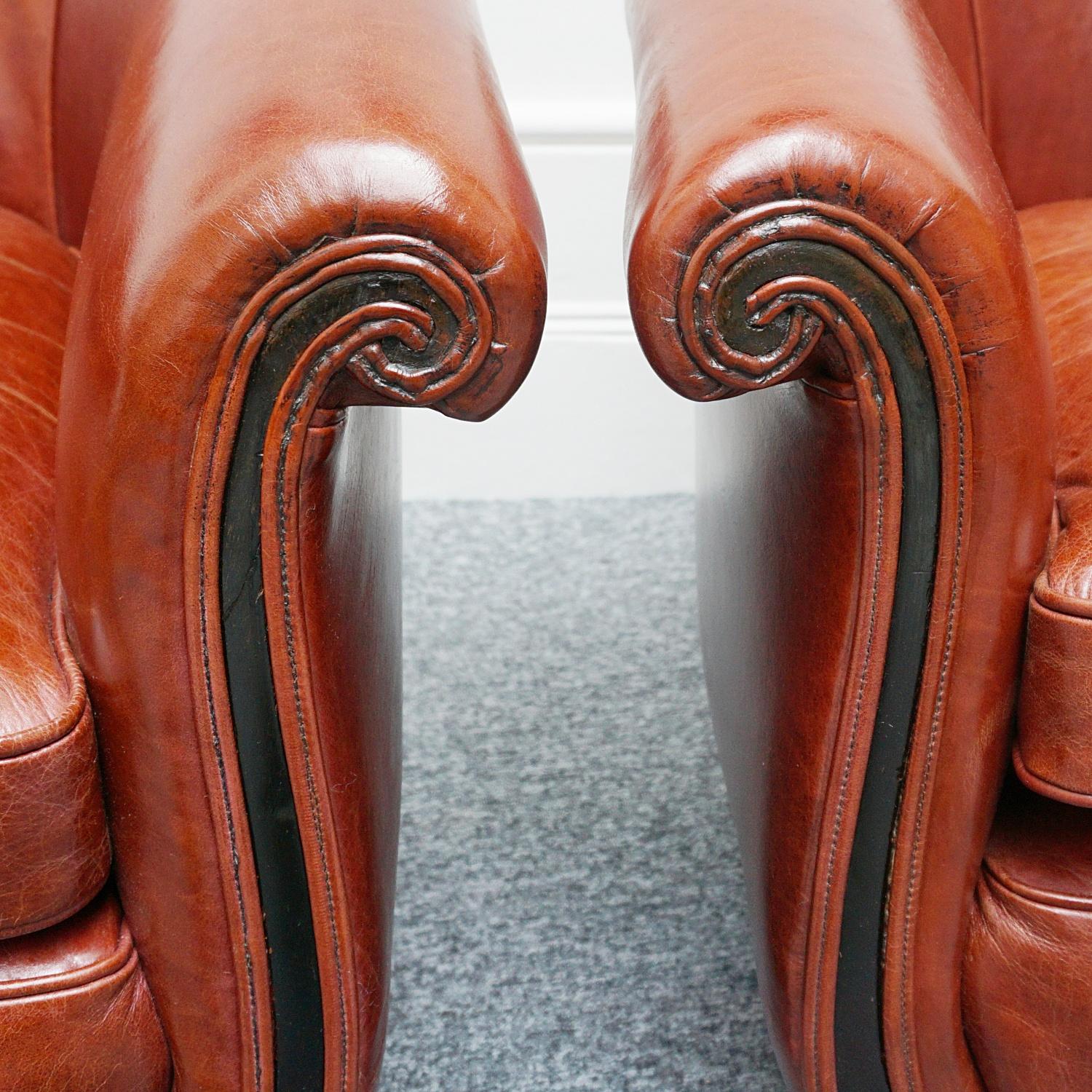 Pair of French Art Deco Club Chairs Re-Upholstered in Chestnut Leather 9