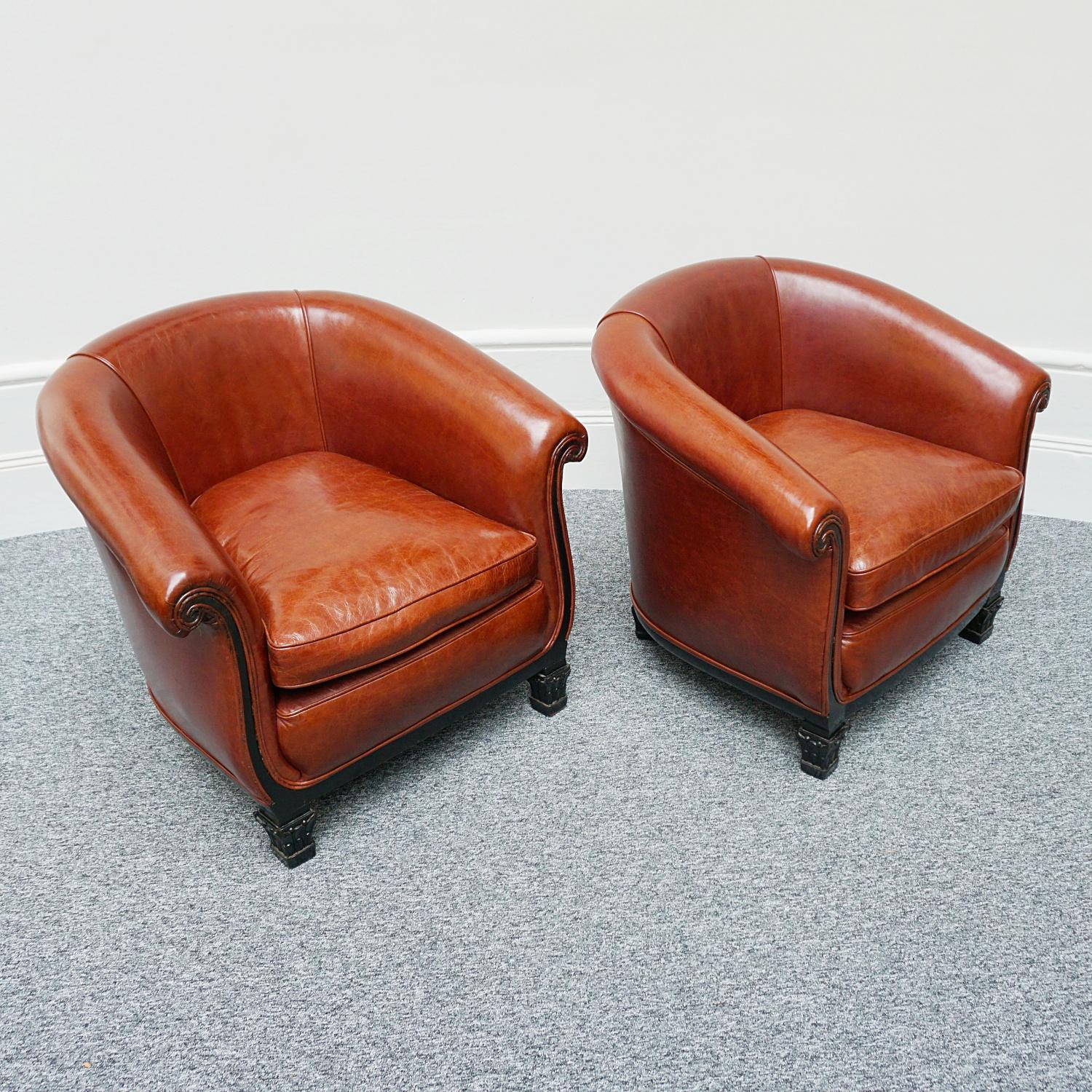 Pair of French Art Deco Club Chairs Re-Upholstered in Chestnut Leather 1