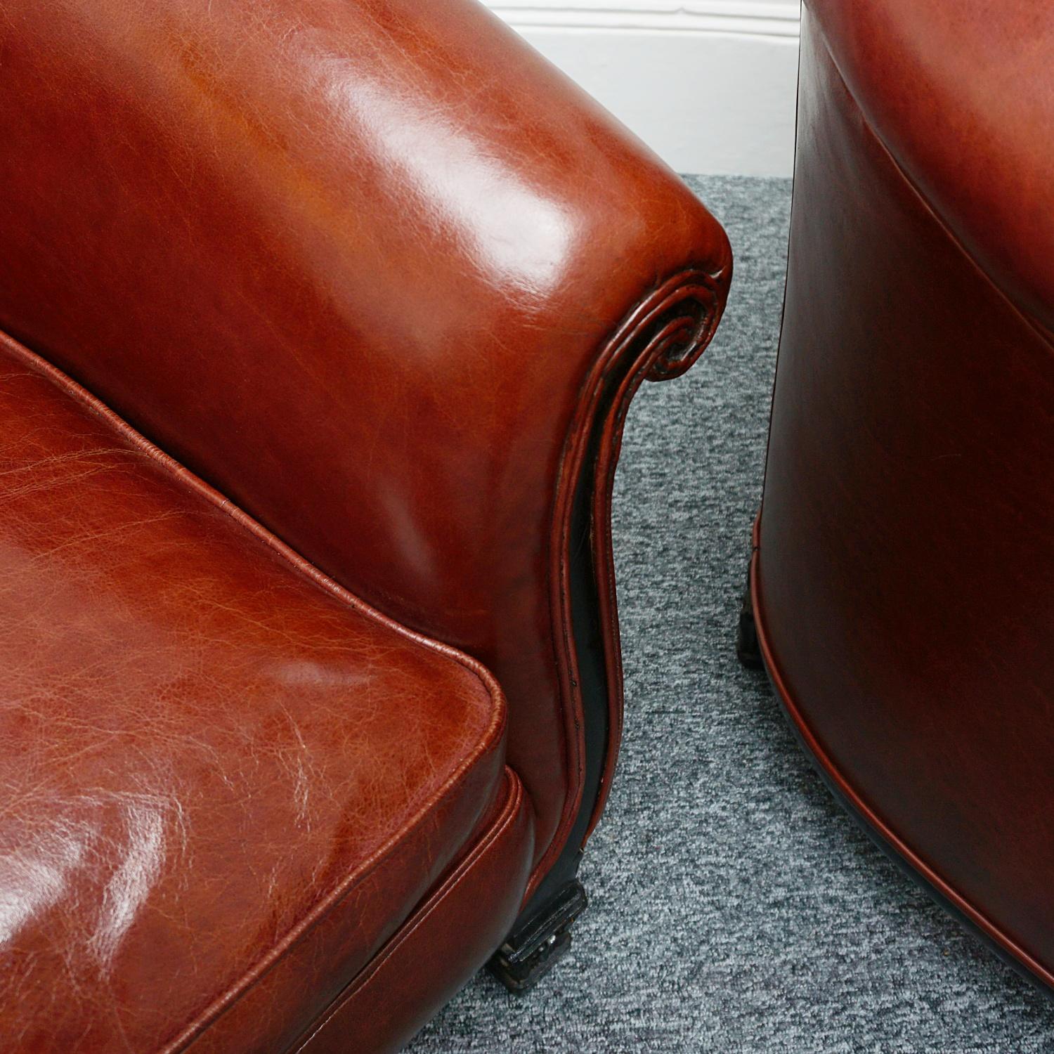 Pair of French Art Deco Club Chairs Re-Upholstered in Chestnut Leather 2