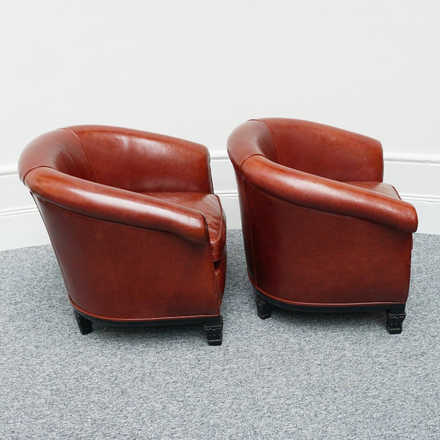 Pair of French Art Deco Club Chairs Re-Upholstered in Chestnut Leather 3