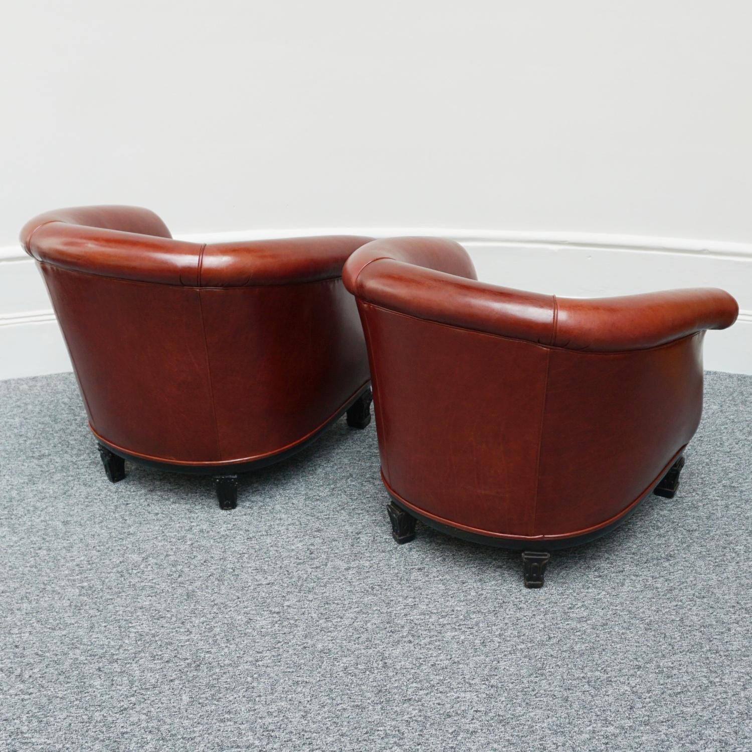 Pair of French Art Deco Club Chairs Re-Upholstered in Chestnut Leather 4
