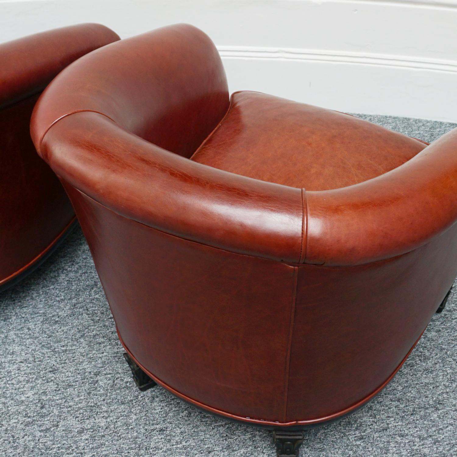 Pair of French Art Deco Club Chairs Re-Upholstered in Chestnut Leather 5