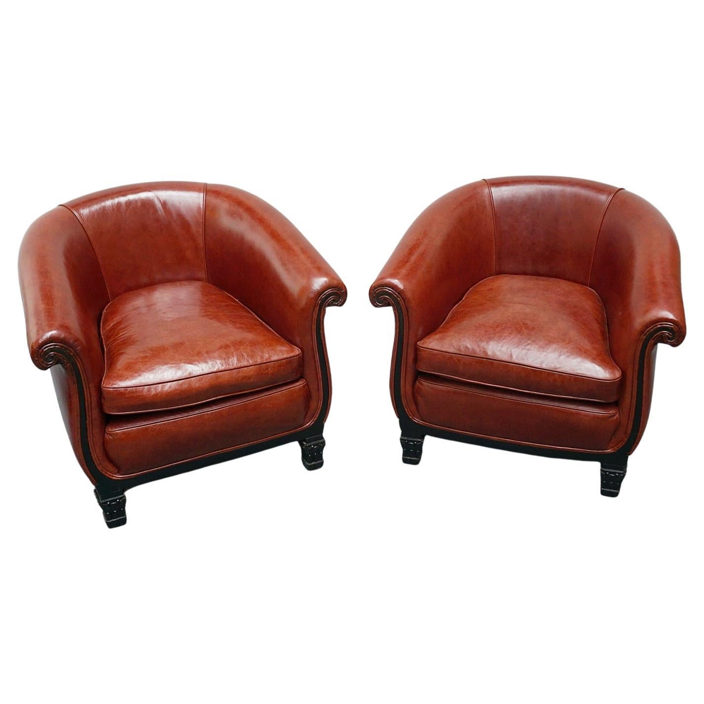 Pair of French Art Deco Club Chairs Re-Upholstered in Chestnut Leather